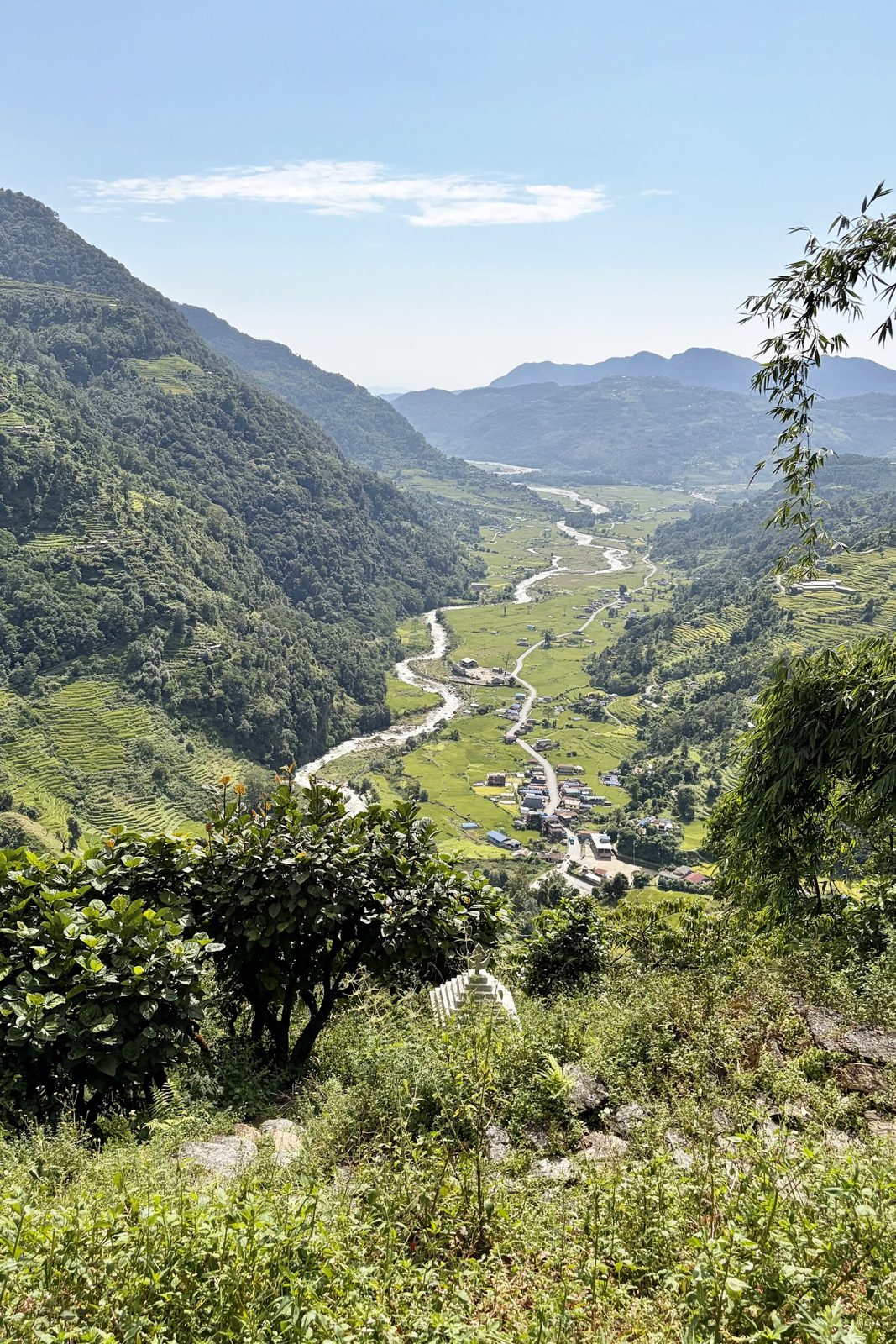Uitzicht over een diepe groene vallei met rijstterrassen en een rivier in de bodem, onder een blauwe lucht.
