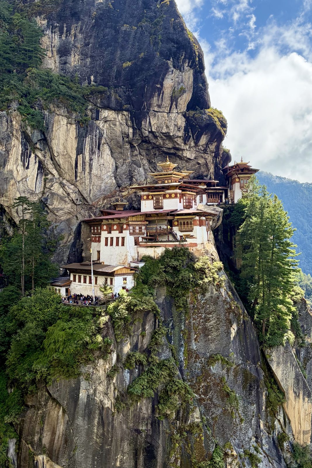 Het klooster van Paro Taktsang: witte gebouwen met rode banden en gouden daken, vastgebouwd tegen een loodrechte rotswand, met dennen ernaast en een groepje bezoekers op het terras onderaan.